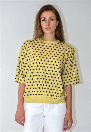 VINTAGE RETRO YELLOW BLACK SPOTTY OVERSIZED T-SHIRT TOP