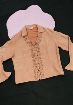 Vintage Fairy Top Y2K Frilly Lace Up Blouse Brown Suede