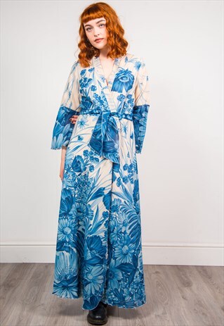 VINTAGE 70'S FLOATY BLUE FLORAL PRINT FRILL MAXI WRAP DRESS