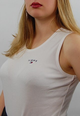 VINTAGE TOMMY HILFIGER CROPPED WHITE VEST TOP LOGO SPELL OUT
