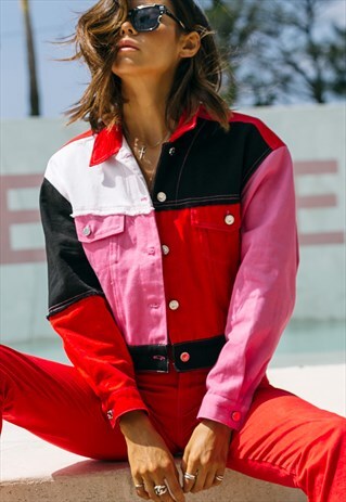 PANELLED DENIM JACKET IN RED PINK BLACK