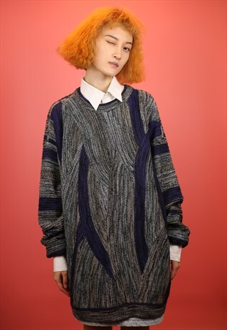 VINTAGE 90S CARLO COLUCCI GREY AND BLUE KNITTED JUMPER