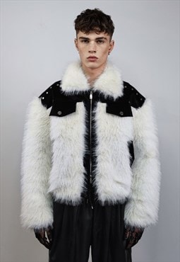 Faux fur biker jacket luxury shaggy coat fleece bomber white