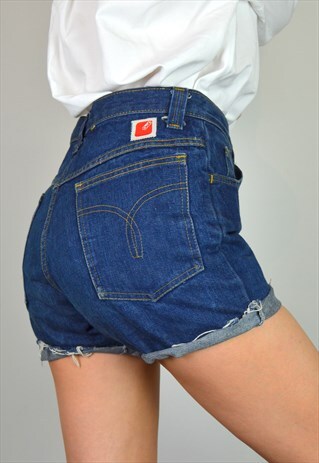 VINTAGE 90S DARK BLUE DENIM HIGH WAISTED FRAYED SHORTS