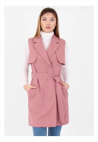 PINK SLEEVELESS BELTED TRENCH COAT