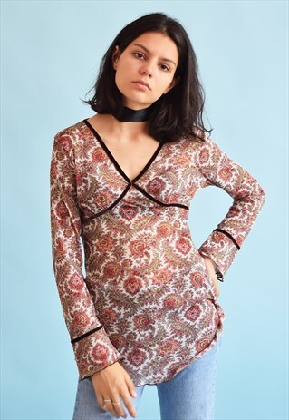 Y2K RETRO PRINT SHEER MESH KITSCH PARTY TUNIC TOP