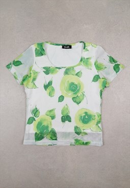 Y2K Mesh Top Sheer Blouse Green White Floral Print