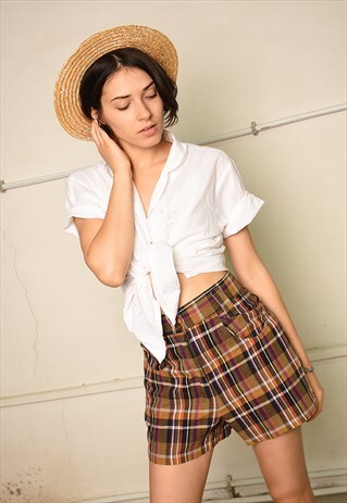80'S RETRO HIGHWAISTED PARIS CHIC TARTAN CHECKED SHORTS