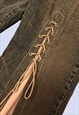 90S WASHED BROWN DISTRESSED LACE UP FAUX SUEDE SPLIT JEANS