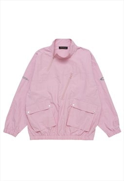 Utility windbreaker grunge rain jacket asymmetric coat pink