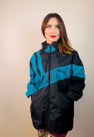 RAIN COAT GERMANY PUMA BLACK BLUE JACKET VINTAGE RETRO 90S