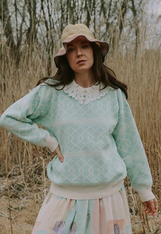 VINTAGE 80S SWEATER GREEN PULLOVER AQUAMARINE JUMPER ZIG ZAG