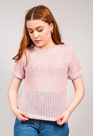 VINTAGE 90'S BABY PINK CROCHET KNIT MESH SHORT SLEEVE TOP