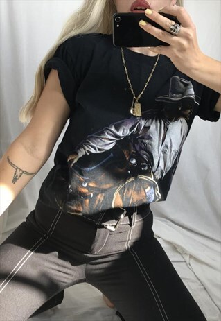 VINTAGE 90S BLACK RANCHER COWBOY WESTERN RODEO PRINT T-SHIRT