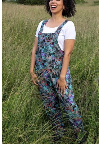 Roarsome grey stretch Dino rainbow floral dungarees 