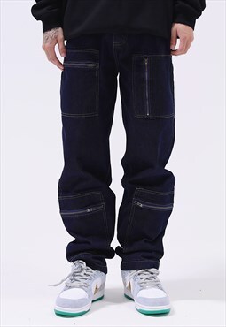 Cargo jeans multi pocket denim pants straight overalls blue