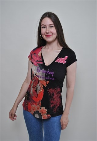 Y2K FLOWERS TOP, BLACK COLOR V-NECK PULLOVER SHIRT