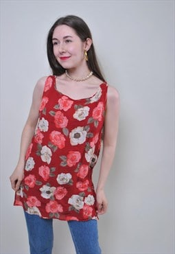 Vintage Red flower top, summer loose blouse MEDIUM size