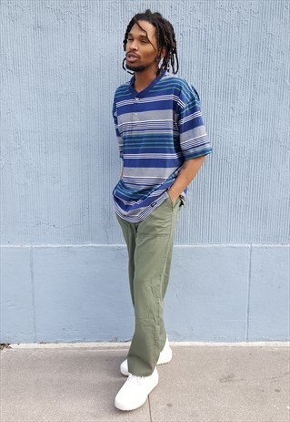 90S SKATER PREPPY STRIPE SHORT SLEEVE HENLEY SHIRT XL