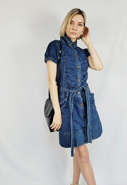 Y2K  blue denim buttons down belted puff sleeve mini dress