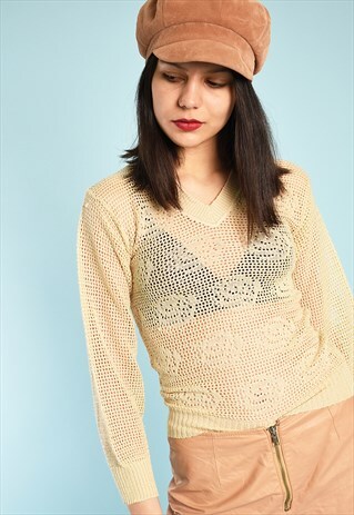 70'S RETRO NEUTRAL SHEER CROCHET KNIT BOHO JUMPER
