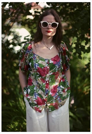VINTAGE MULTICOLOR FLOWER PRINT SHORT SLEEVES BLOUSE