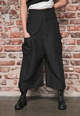 DROP CROTCH HAREM PANTS/BLACK LINEN MAXI PANTS