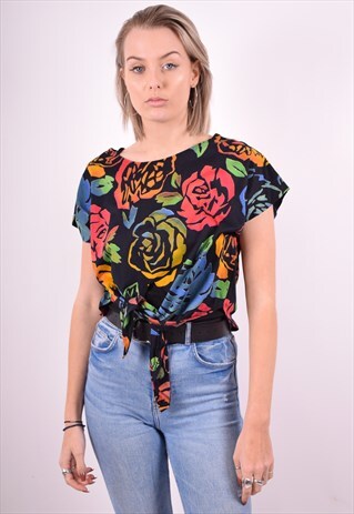 WOMENS VINTAGE T-SHIRT TOP LARGE MULTI FLORAL 90'S