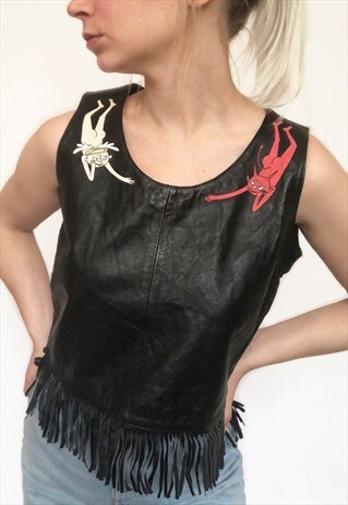 DEVIL & ANGEL HANDPAINTED FRINGE LEATHER CROPTOP