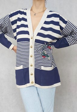 Vintage Striped Beige and Blue Knitted Sweater Jacket, 90s 