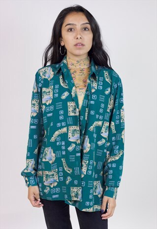 VINTAGE 90S ABSTRACT GREEN PATTERNED SHIRT