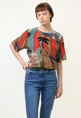 VINTAGE ABSTRACT PATTERN NATURAL SHORT SLEEVE BLOUSE 4011