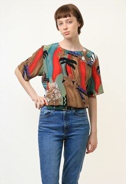 Vintage Abstract Pattern Natural Short Sleeve Blouse 4011