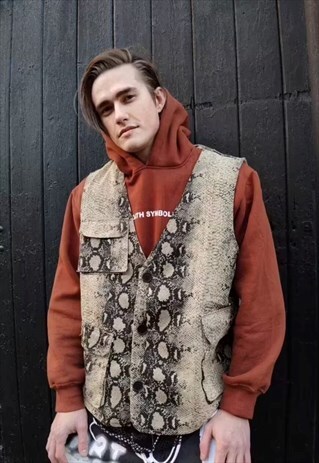 SNAKE PRINT VEST JACKET CARGO POCKET PYTHON GILET IN CREAM