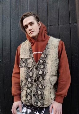 Snake print vest jacket cargo pocket python gilet in cream