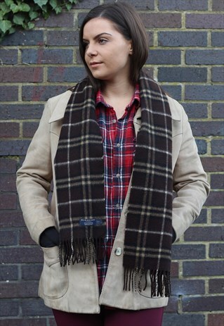 VINTAGE CASHMERE CHECKED SCARF BROWN-AS119