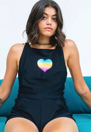 CUTE MISTAKE PLAYSUIT IN BLACK W/ LOW BACK & RAINBOW HEART