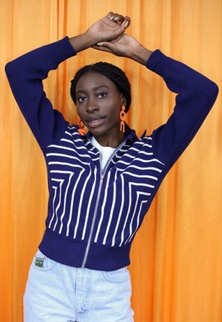 VINTAGE 70S KNITTED CARDIGAN BLUE WHITE STRIPED ZIP UP TOP