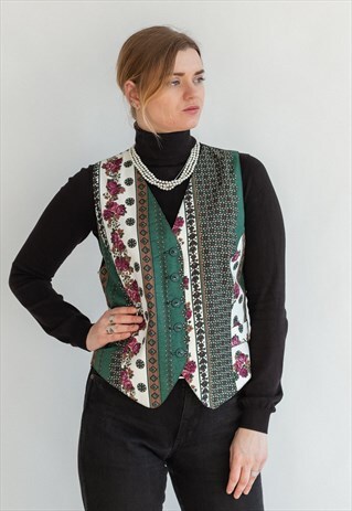 VINTAGE 80S FESTIVAL VEST IN GREEN PATTERN