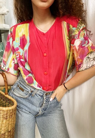 VINTAGE 80S ABSTRACT PRINT HAUTE BOHEME BLOUSE TOP TUNIC