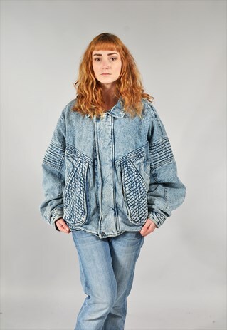 VINTAGE MID BLUE ACID WASH LINED DENIM BOMBER JACKET