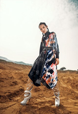 HALF/HALF PRINTED DRESS WITH BELT
