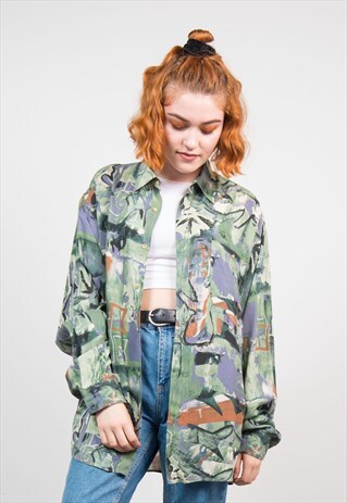 VINTAGE 90'S GREEN PATTERNED LONG SLEEVE SHIRT