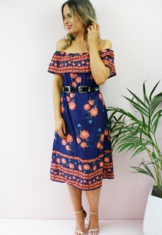 FLORAL OFF SHOULDER BARDOT FRILL RUFFLE A LINE MIDI DRESS