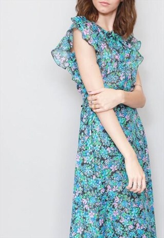 VINTAGE 1970'S BLUE FLORAL PRINT RUFFLED MIDI DRESS