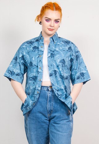 VINTAGE 90'S BLUE SWORDFISH PATTERN SHORT SLEEVE SHIRT