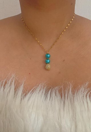 TEAL BLUE AND GOLD SWAROVSKI CRYSTAL AND PEARL NECKLACE