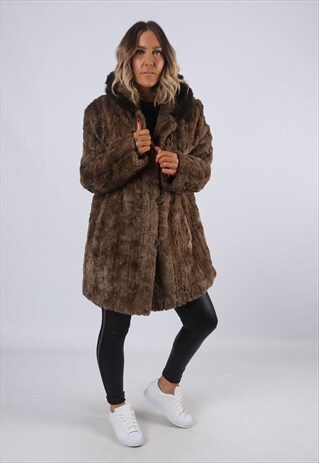 FAUX FUR HOODED COAT JACKET VINTAGE UK 14 (EA9I)