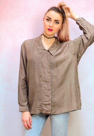 1990S VINTAGE BEIGE STATEMENT COLLAR PURE SILK SHIRT