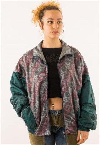 VINTAGE 90S GREY RED LEAF CRAZY PRINT JACKET